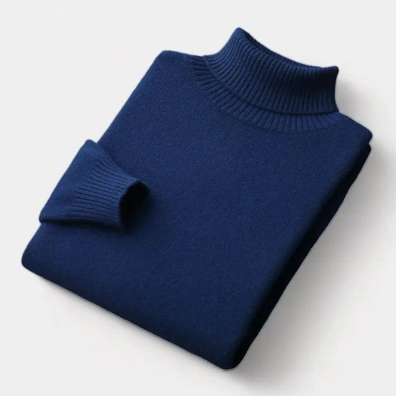 Folded roll-neck jumper in navy blue, with the ribbed collar and one cuff showing 7
