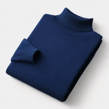 Folded roll-neck jumper in navy blue, with the ribbed collar and one cuff showing 7