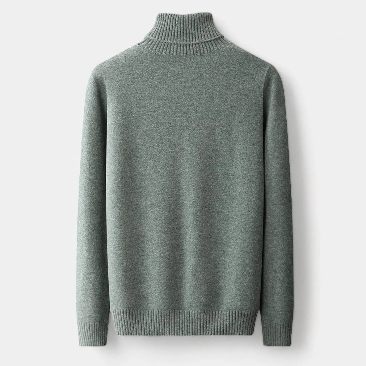 Back view of the sage green roll-neck jumper laid flat, showing the plain back and ribbed hem 2
