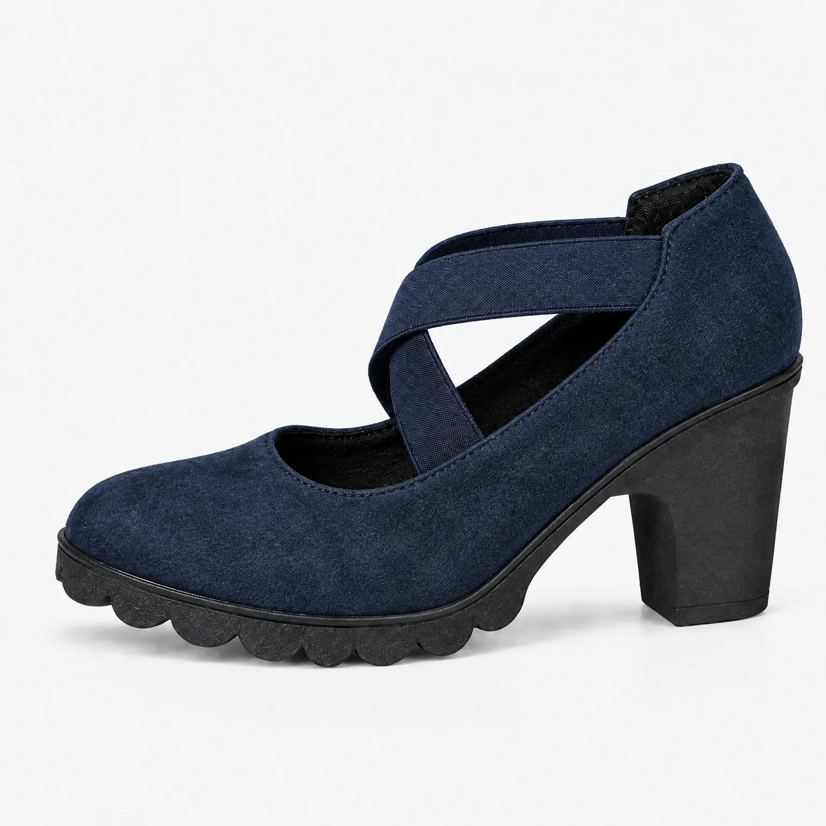 Single navy suede-look block heel with crossed elastic straps and scalloped black sole, shown in side profile on white. 12