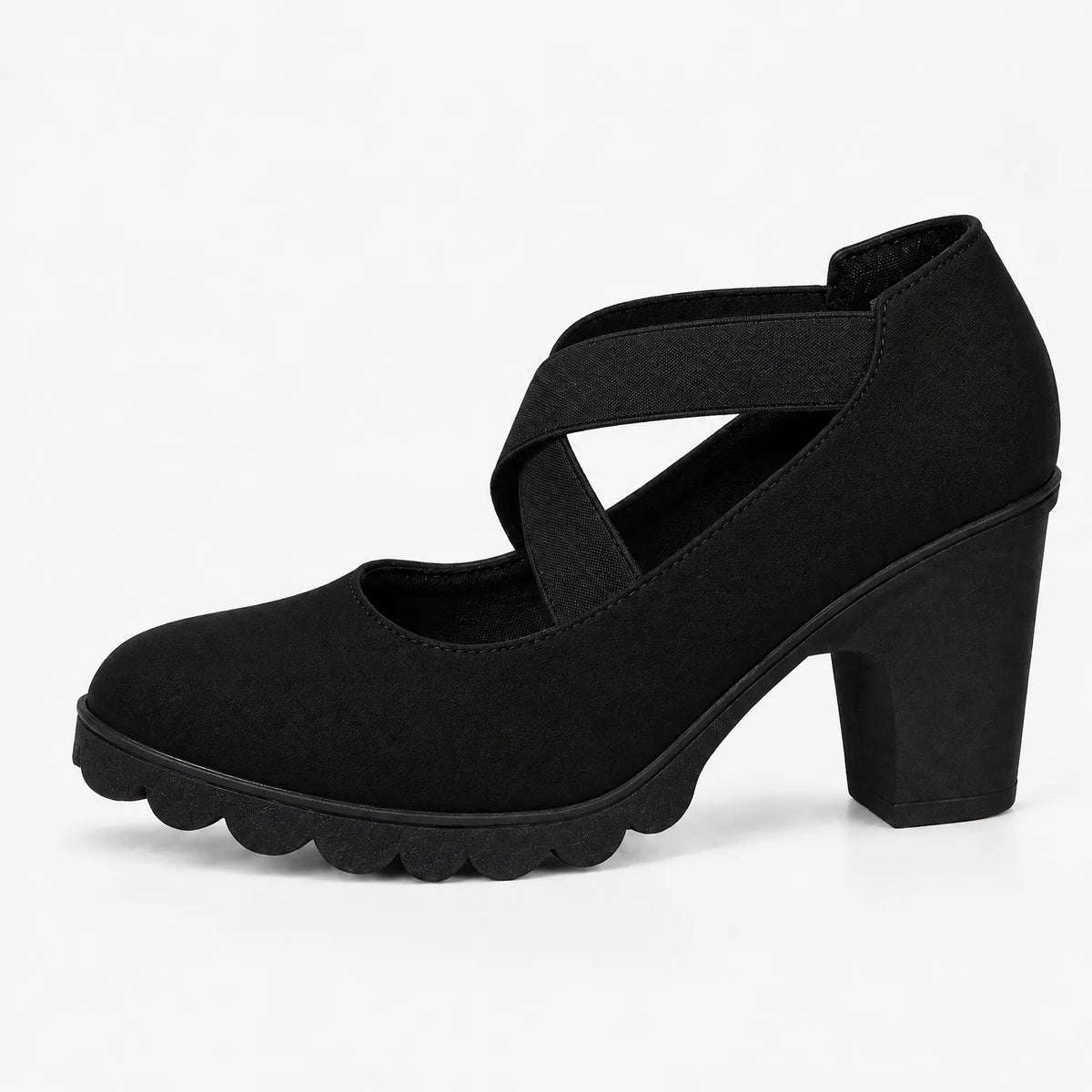 Single black suede-look block heel with crossed elastic straps and scalloped black sole, shown in side profile on white. 13