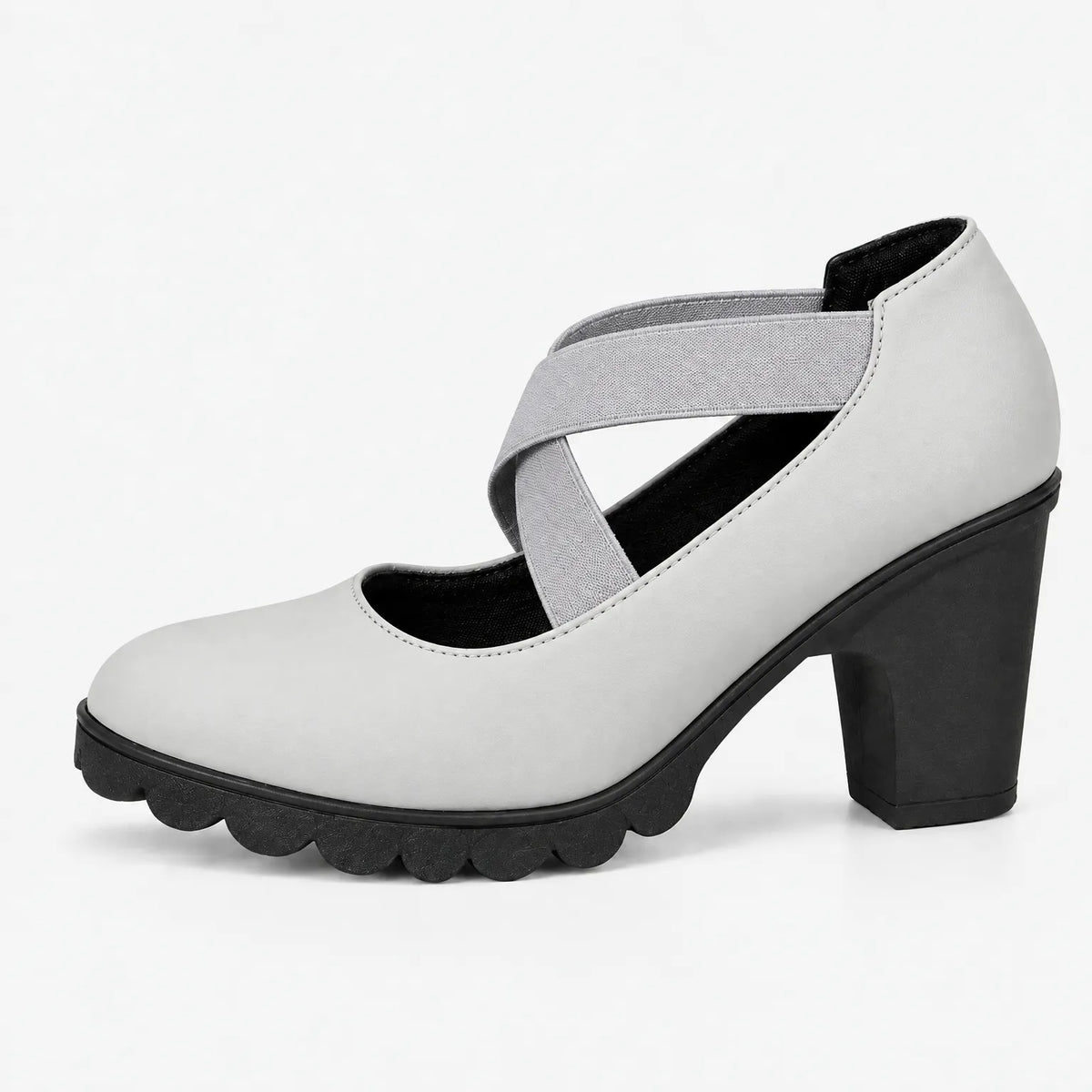 Single light grey block heel with crossed grey elastic straps and black scalloped sole, shown in side profile on white. 14