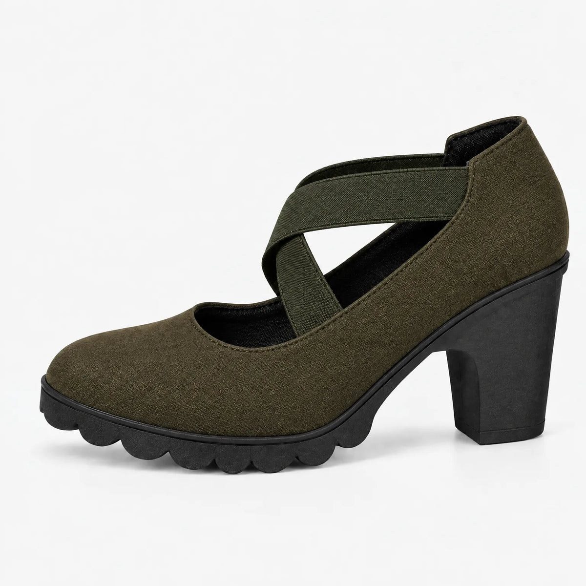 Single olive green suede-look block heel with crossed elastic straps and black scalloped sole, shown in side profile on white. 15