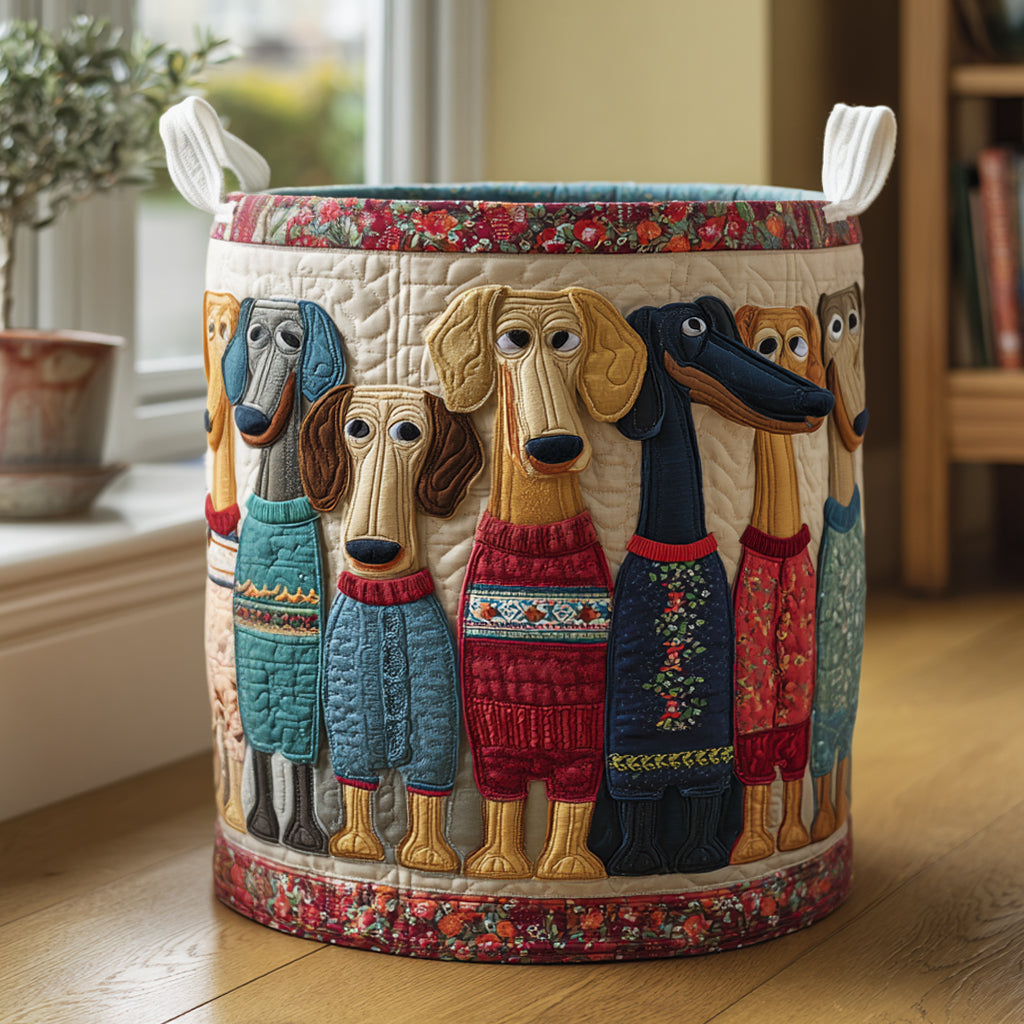 Round quilted basket with appliqué dogs in knitted jumpers, floral trim and white handles, beside a window 1