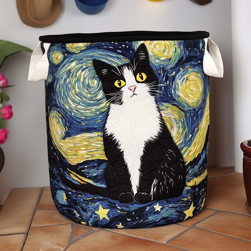 Round quilted basket with cream fabric handles and a black-and-white cat on a swirling blue and yellow starry night, standing on a tiled floor. 1