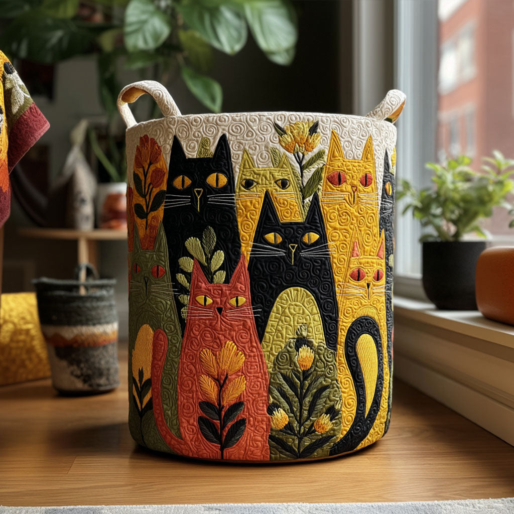 Quilted basket with a colourful cat and flower design and two cream handles, standing on a wooden floor beside a sunny window. 1