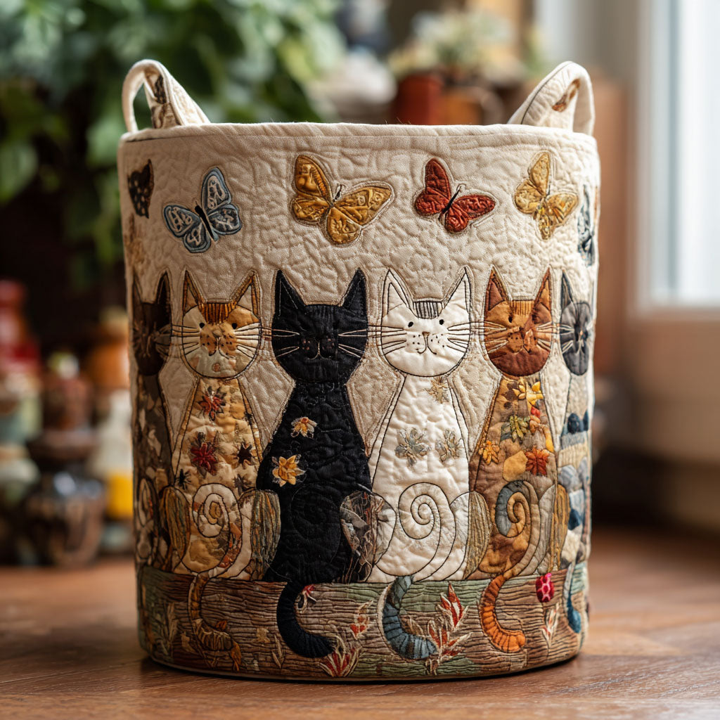 Round cream quilted basket with two loop handles, appliquéd with a row of sitting cats and butterflies, standing on a wooden surface. 1
