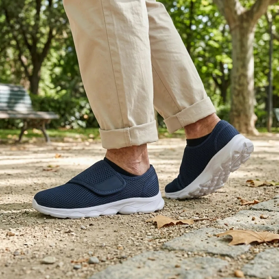 Navy mesh shoes worn by a walker in beige trousers on a gravel park path, one heel lifted. 2