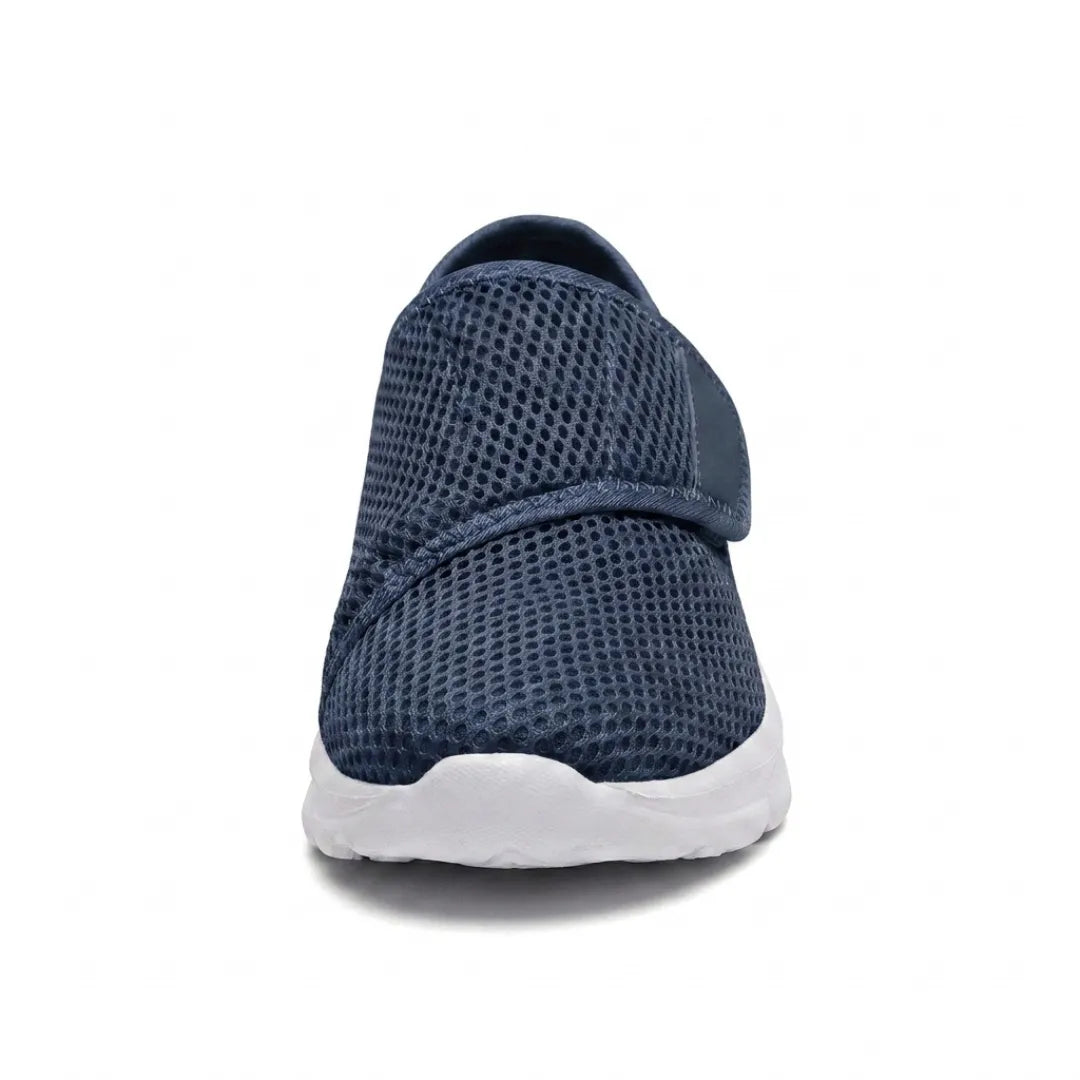 Front view of a navy mesh shoe showing the rounded wide toe and the strap across the instep. 8