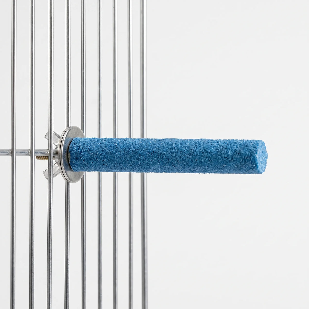 Blue gritty perch attached to a metal cage wall with a washer and wing nut, shown against a plain background. 1
