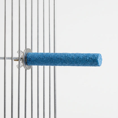 Blue gritty perch attached to a metal cage wall with a washer and wing nut, shown against a plain background. 1
