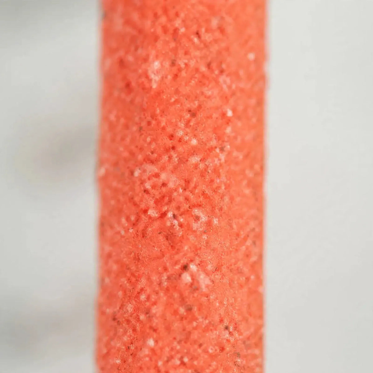 Close-up of the coarse, sandy surface texture of an orange perch against a soft grey background. 4
