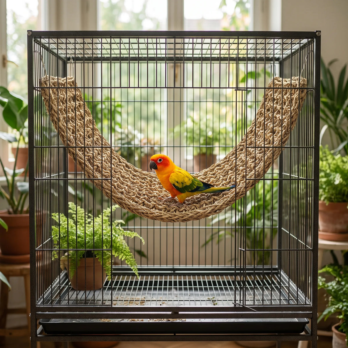 Orange and yellow parrot perched on the woven hammock inside a large black cage, with houseplants and a window behind. 2