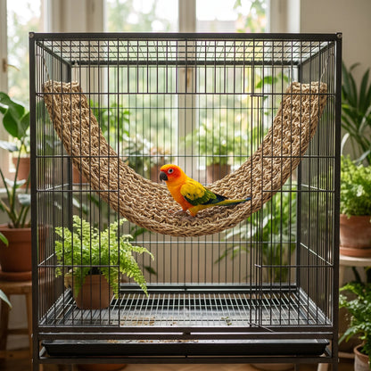 Orange and yellow parrot perched on the woven hammock inside a large black cage, with houseplants and a window behind. 2