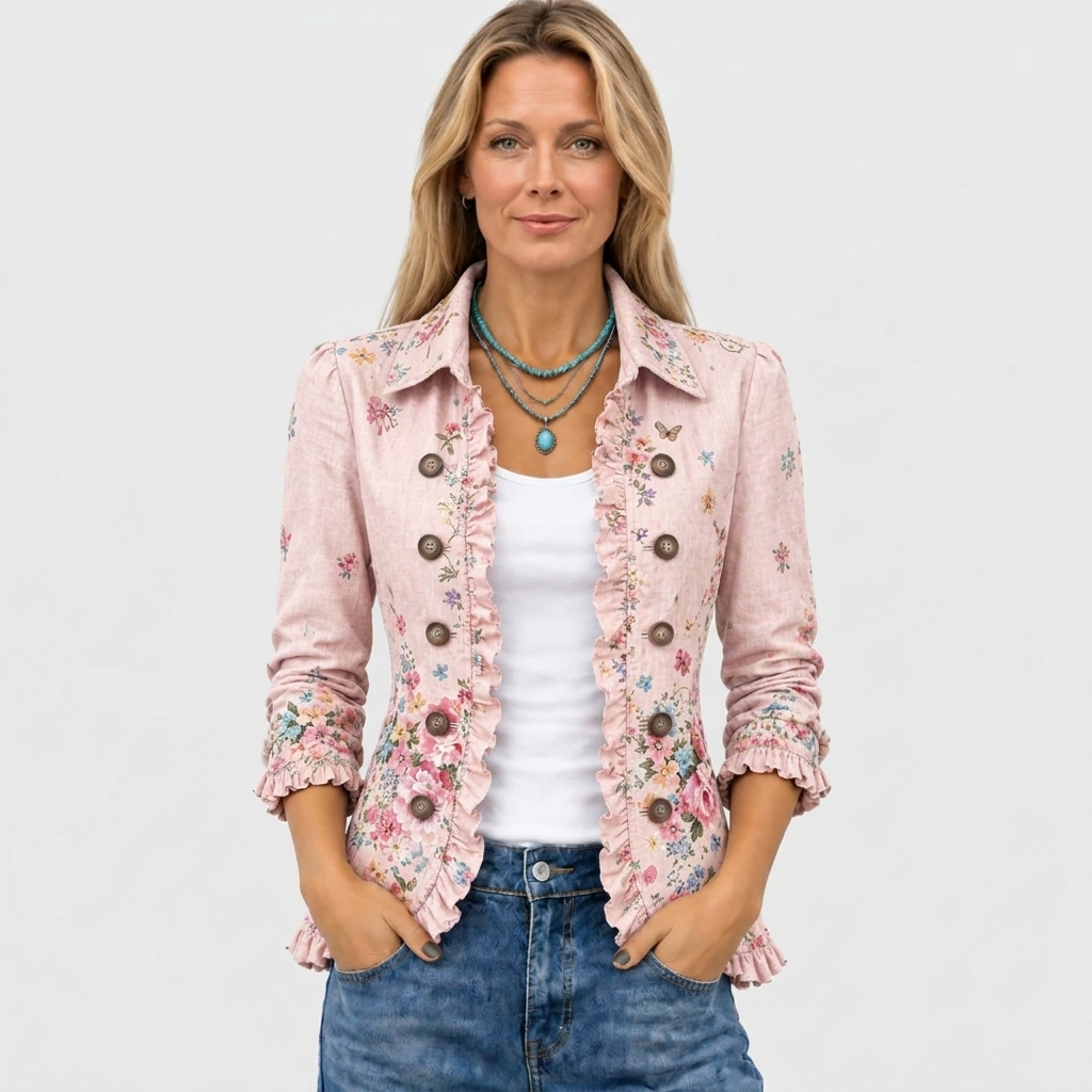 Woman wearing the pink floral ruffle jacket open over a white top with jeans and a turquoise necklace, front view. 2