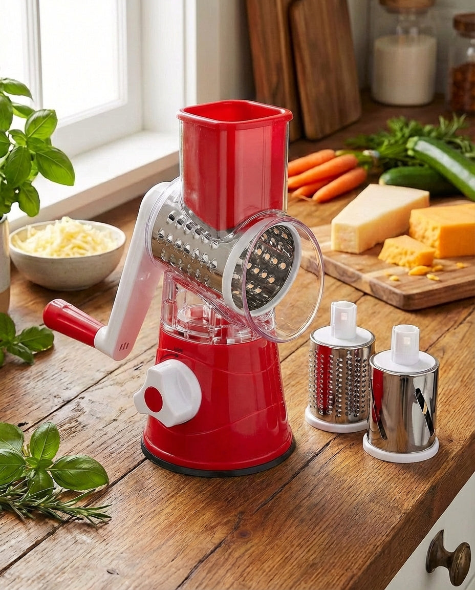 Red version of the rotary chopper with white handle and knob, shown with two spare drums beside cheese and carrots. 12