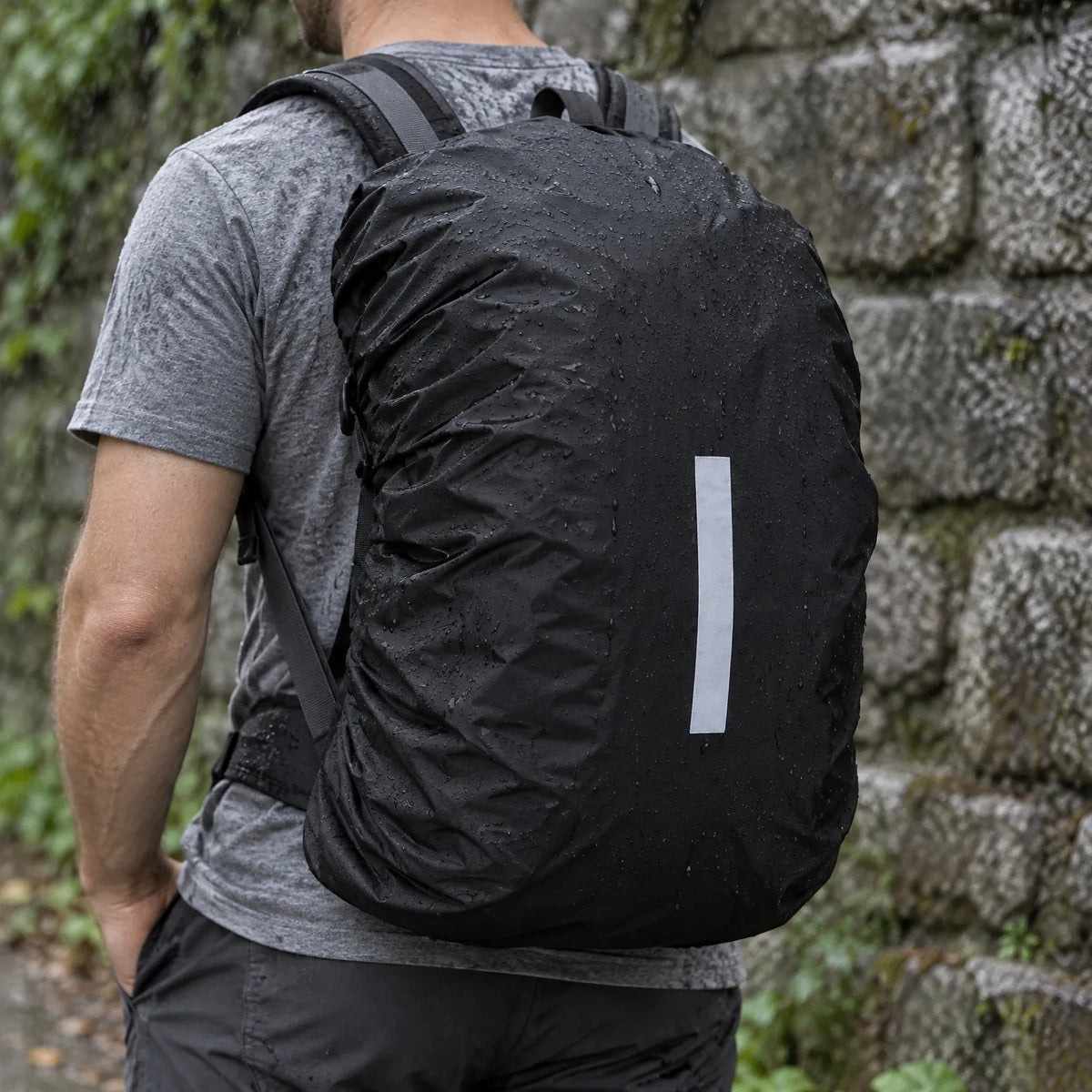 Black rain cover with a reflective strip over a rucksack, worn by a man in the rain, water beading on the fabric. 1