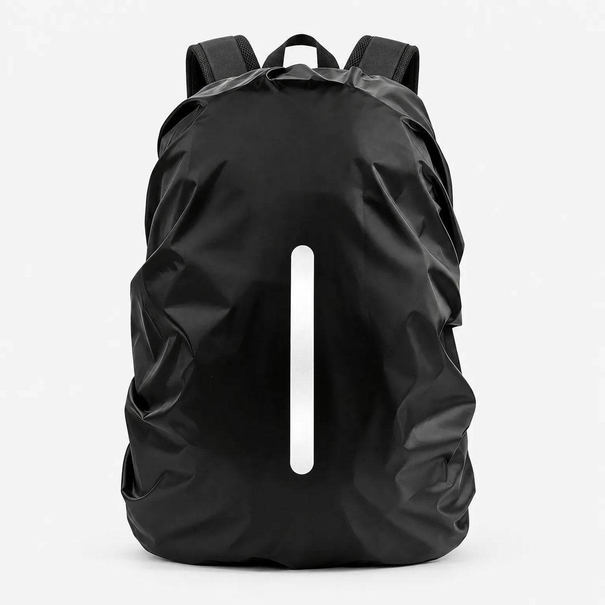 Black rain cover with a single vertical reflective strip stretched over a rucksack, shown front-on against a plain white background. 2