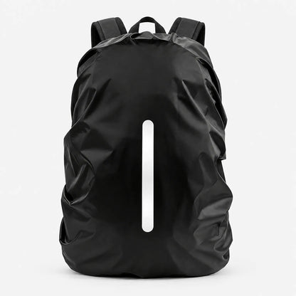 Black rain cover with a single vertical reflective strip stretched over a rucksack, shown front-on against a plain white background. 2
