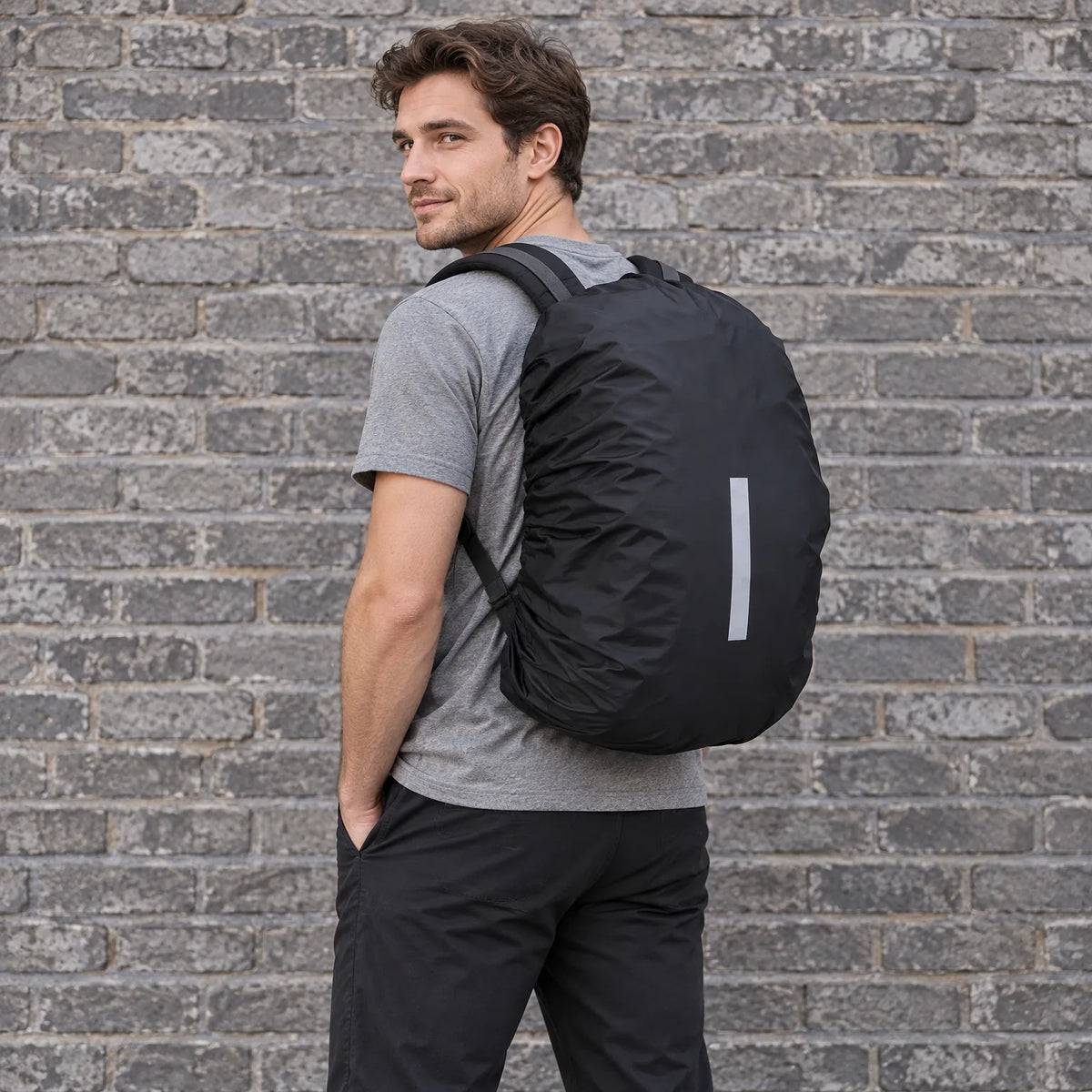 Man in a grey t-shirt glancing over his shoulder, wearing a rucksack with the black reflective cover against a brick wall. 3
