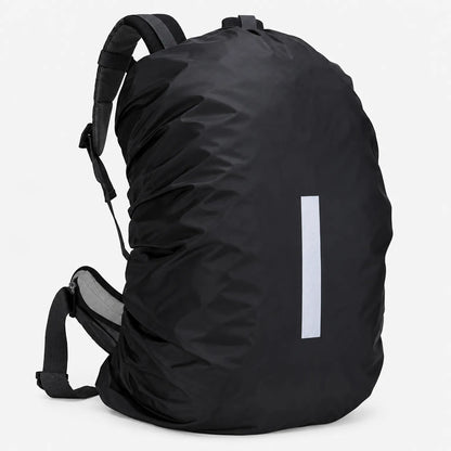 Side-on view of the black cover fitted over a rucksack, showing the shoulder straps, hip belt and the reflective strip. 4
