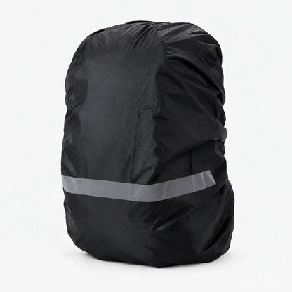 Black rucksack cover on a plain white background, with a pale grey reflective band running across the lower half. 10
