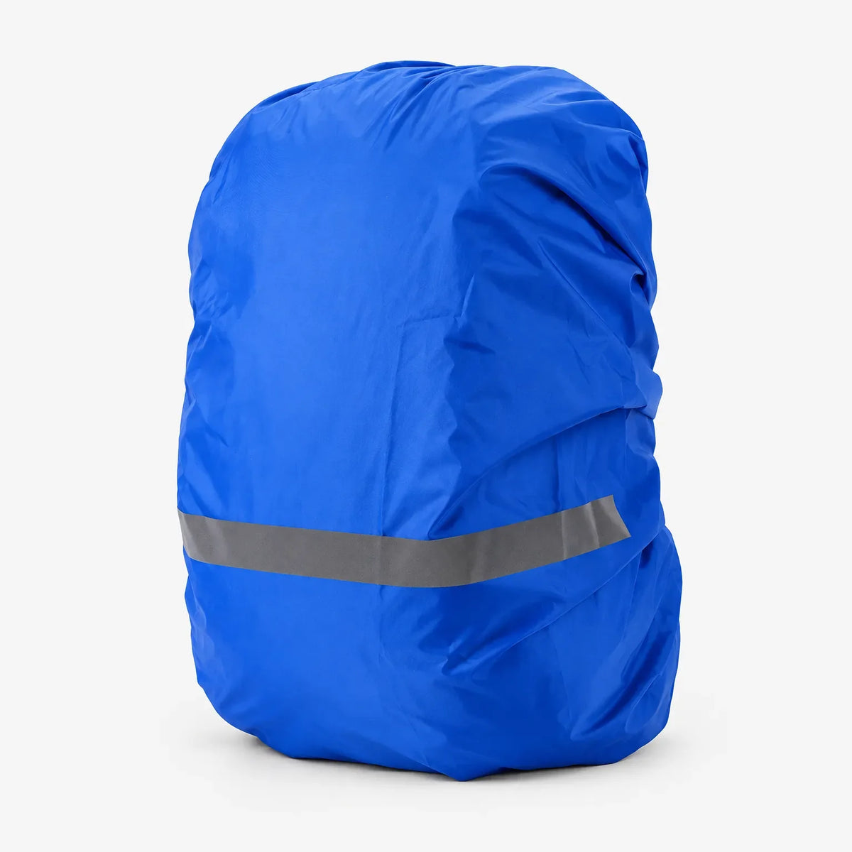 Royal blue rucksack cover fitted over a bag, shown on a plain white background with a grey reflective band. 2