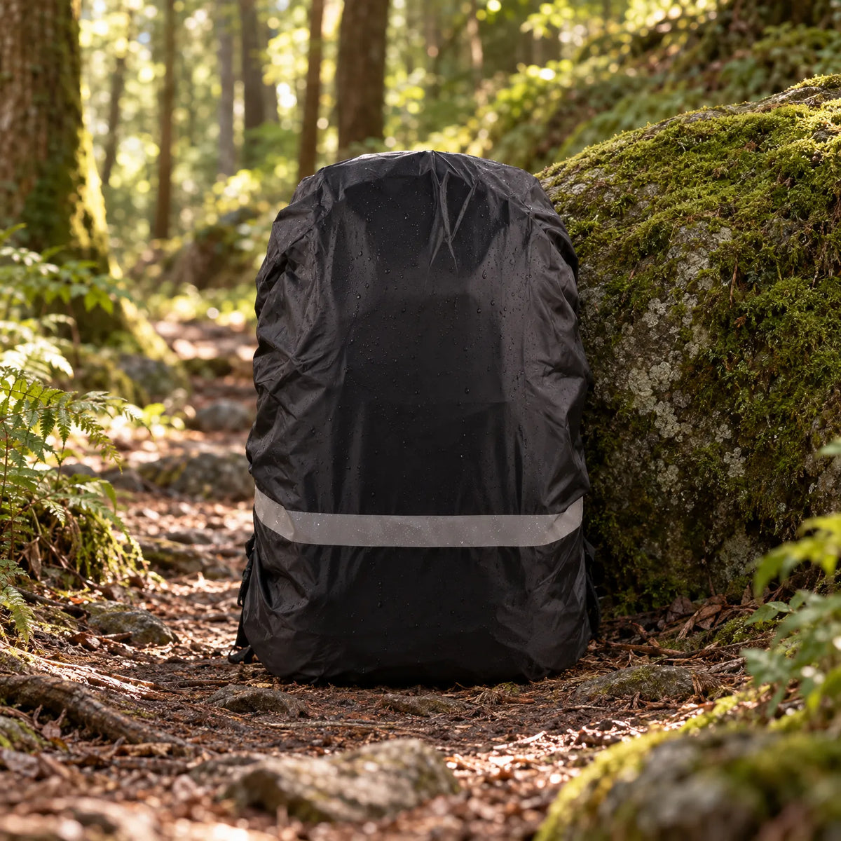 Black rain cover on a rucksack standing on a woodland path against a mossy rock, with water droplets and reflective band. 3