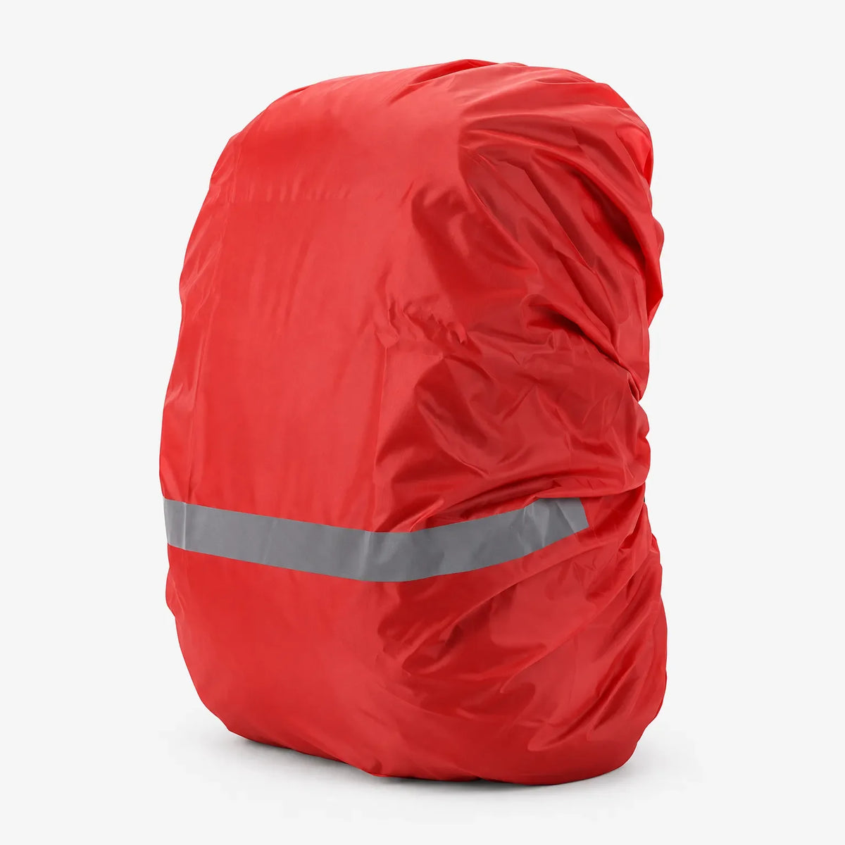 Red rucksack cover pulled over a bag on a white background, with a grey reflective band around the lower part. 4
