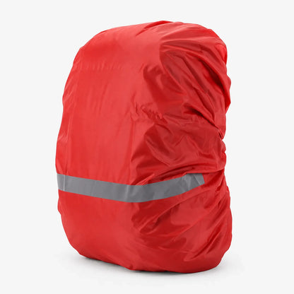 Red rucksack cover pulled over a bag on a white background, with a grey reflective band around the lower part. 4
