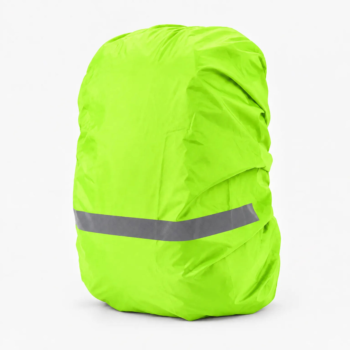 Bright neon green rucksack cover on a white background, with a grey reflective band across the lower half. 6