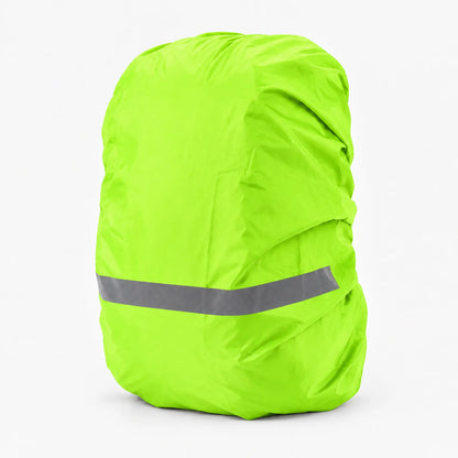 Bright neon green rucksack cover on a white background, with a grey reflective band across the lower half. 6