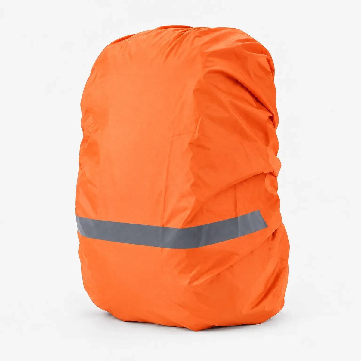 Orange rucksack rain cover stretched over a bag on a white background, with a grey reflective stripe near the bottom. 7