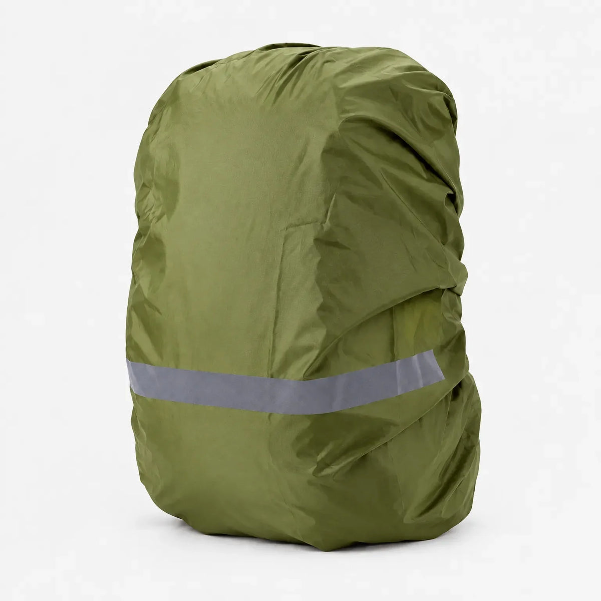 Olive green rucksack cover fitted over a bag on a white background, with a grey reflective band across the lower section. 8
