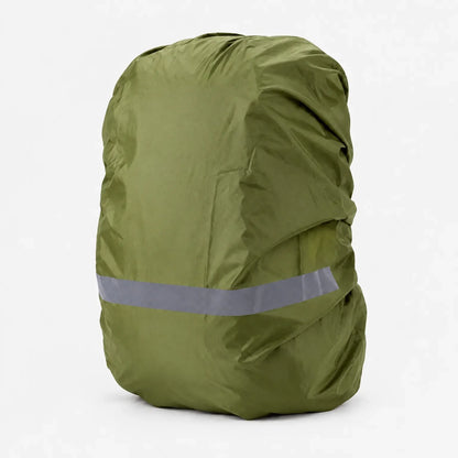 Olive green rucksack cover fitted over a bag on a white background, with a grey reflective band across the lower section. 8