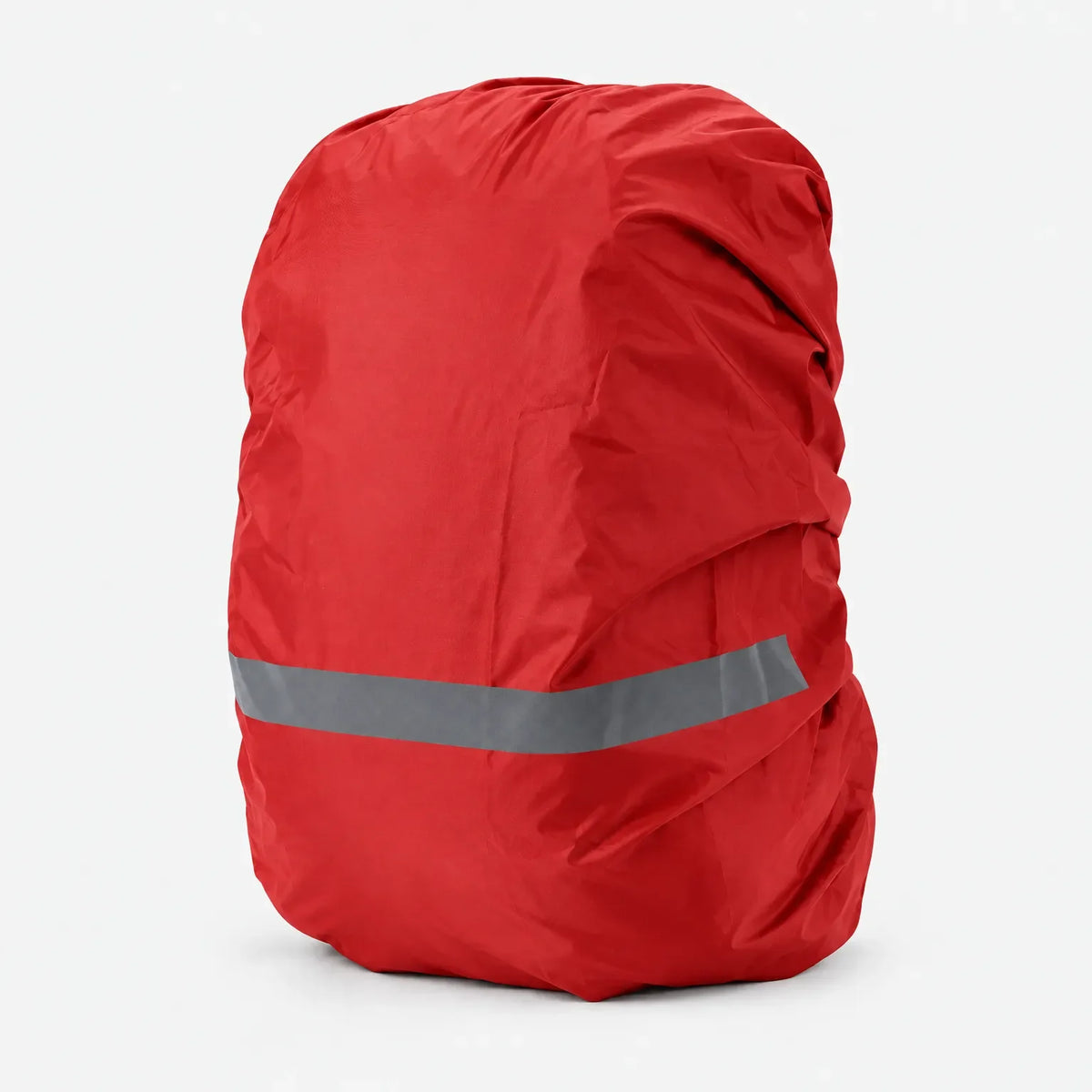 Deep red rucksack cover shown on a white background, with a grey reflective band across the lower part of the bag. 9