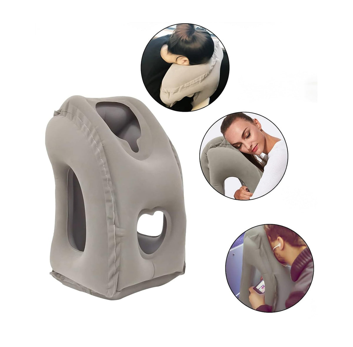 Grey inflated upright travel pillow with cut-out openings, shown beside three circular insets of people resting their heads and arms on it. 1