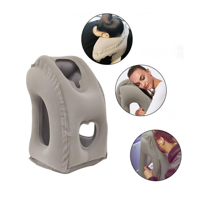 Grey inflated upright travel pillow with cut-out openings, shown beside three circular insets of people resting their heads and arms on it. 1
