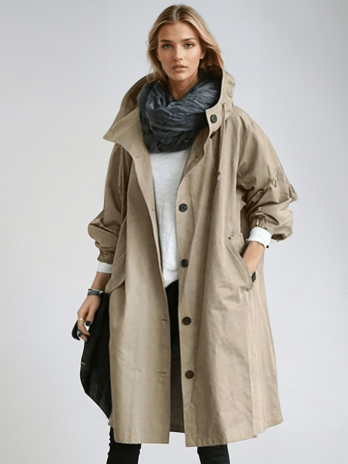 Model wears the long hooded coat in beige, buttoned loosely over a white top with a dark scarf and black trousers. 3