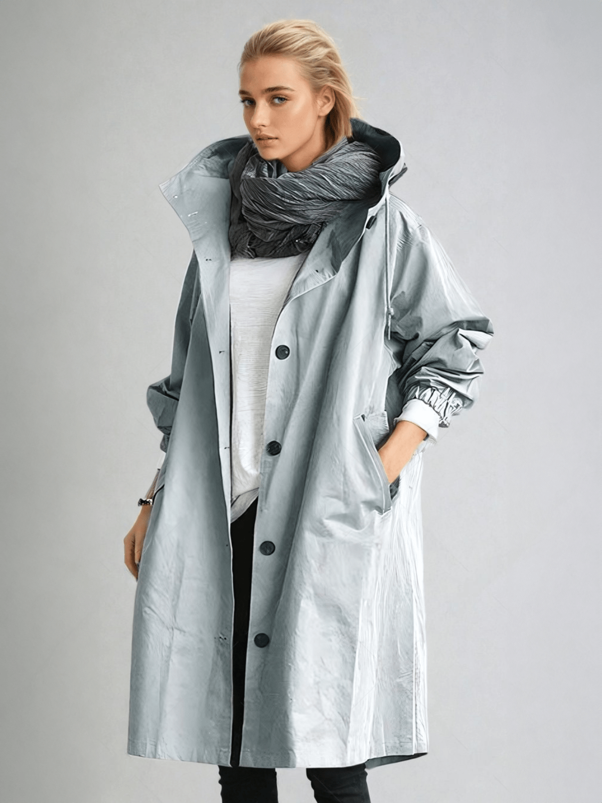 Model wears the long hooded coat in pale silvery blue-grey with a glossy finish, over white top and grey scarf, hand in pocket. 5