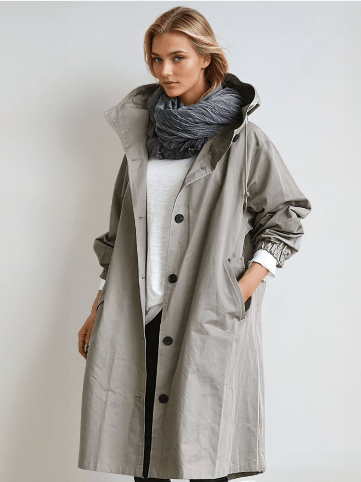 Model wears the long hooded coat in light grey, unbuttoned over a white top with a blue-grey scarf, one hand in pocket. 1