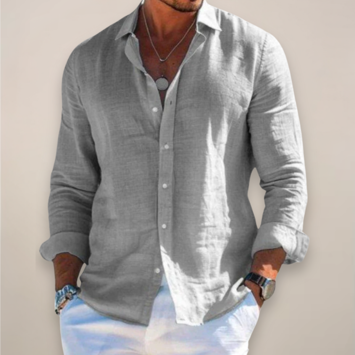 Relaxed Men's Linen Shirt with Button Front and Long Sleeves 1