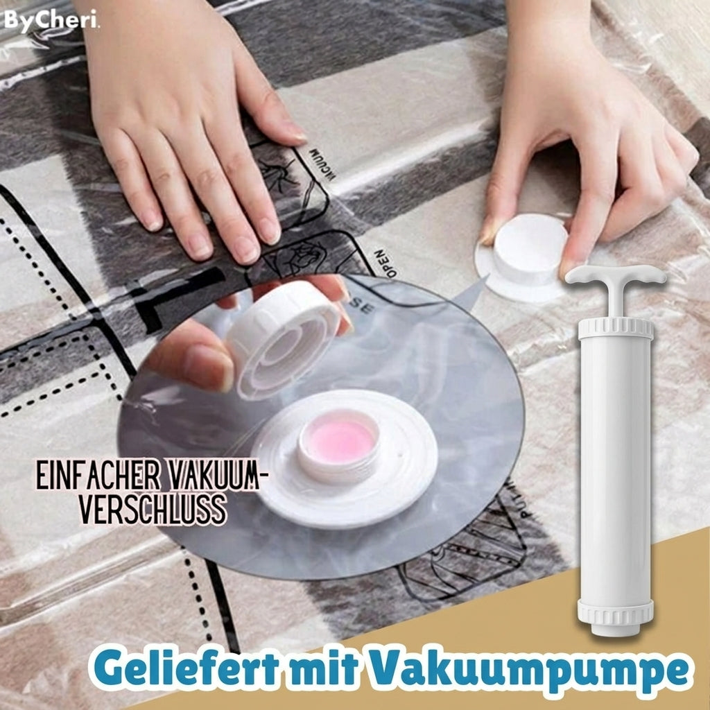 Hands pressing a clear vacuum bag flat and fitting the white valve cap, with a close-up of the valve and the white hand pump. 3
