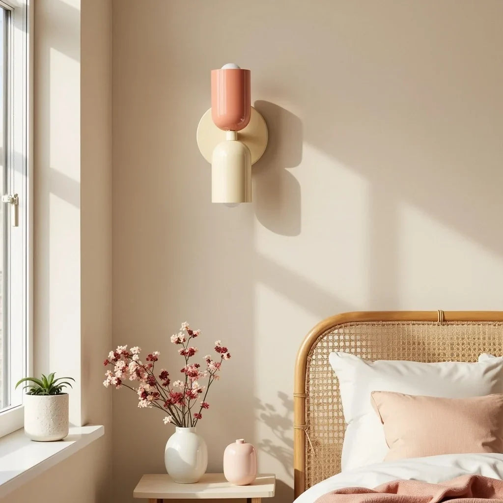 Coral and cream wall lamp mounted in a sunlit bedroom beside a cane headboard, with a vase of pink blossoms below. 2
