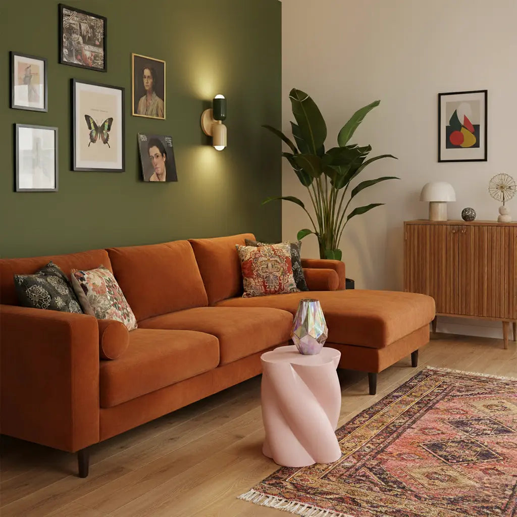Dark green and cream wall lamp lit on a green feature wall above a rust velvet corner sofa and a pink side table. 9