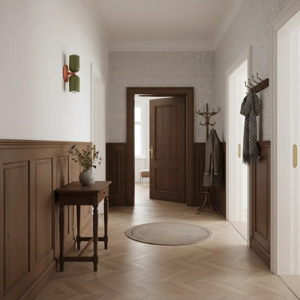 Green double-shade wall lamp with a coral bracket in a traditional hallway with wood panelling, herringbone flooring and a console table. 7