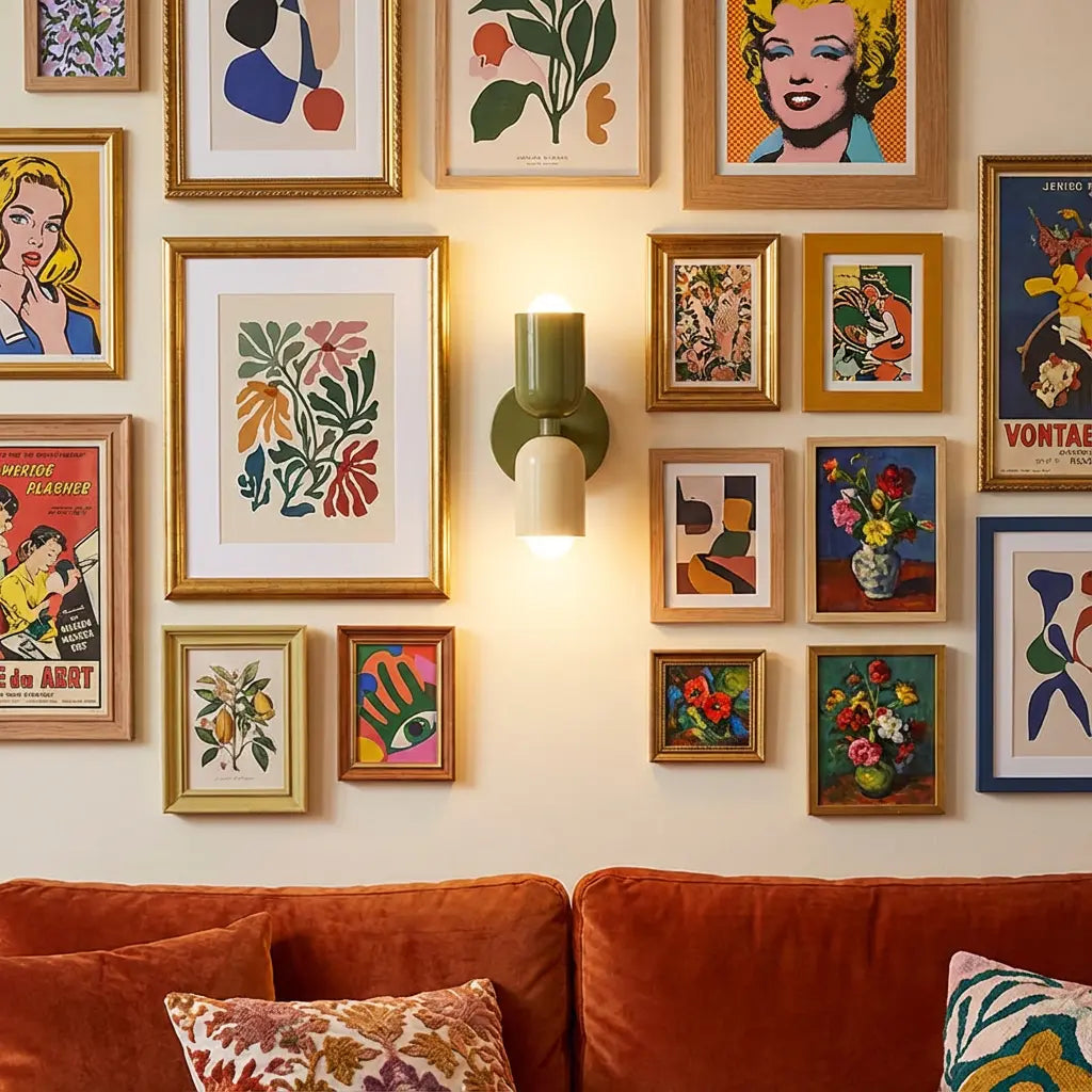 Olive green and cream wall lamp lit between a busy gallery wall of framed art, above a rust velvet sofa. 6