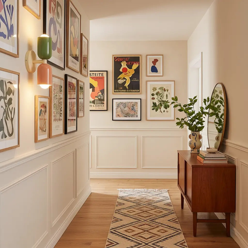 Green and coral wall lamp with an arm bracket in a panelled hallway lined with framed prints, a console and a runner rug. 3