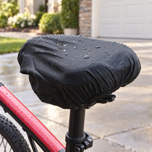 Black saddle cover beaded with water droplets on a red bicycle parked on a wet driveway outside a garage. 1