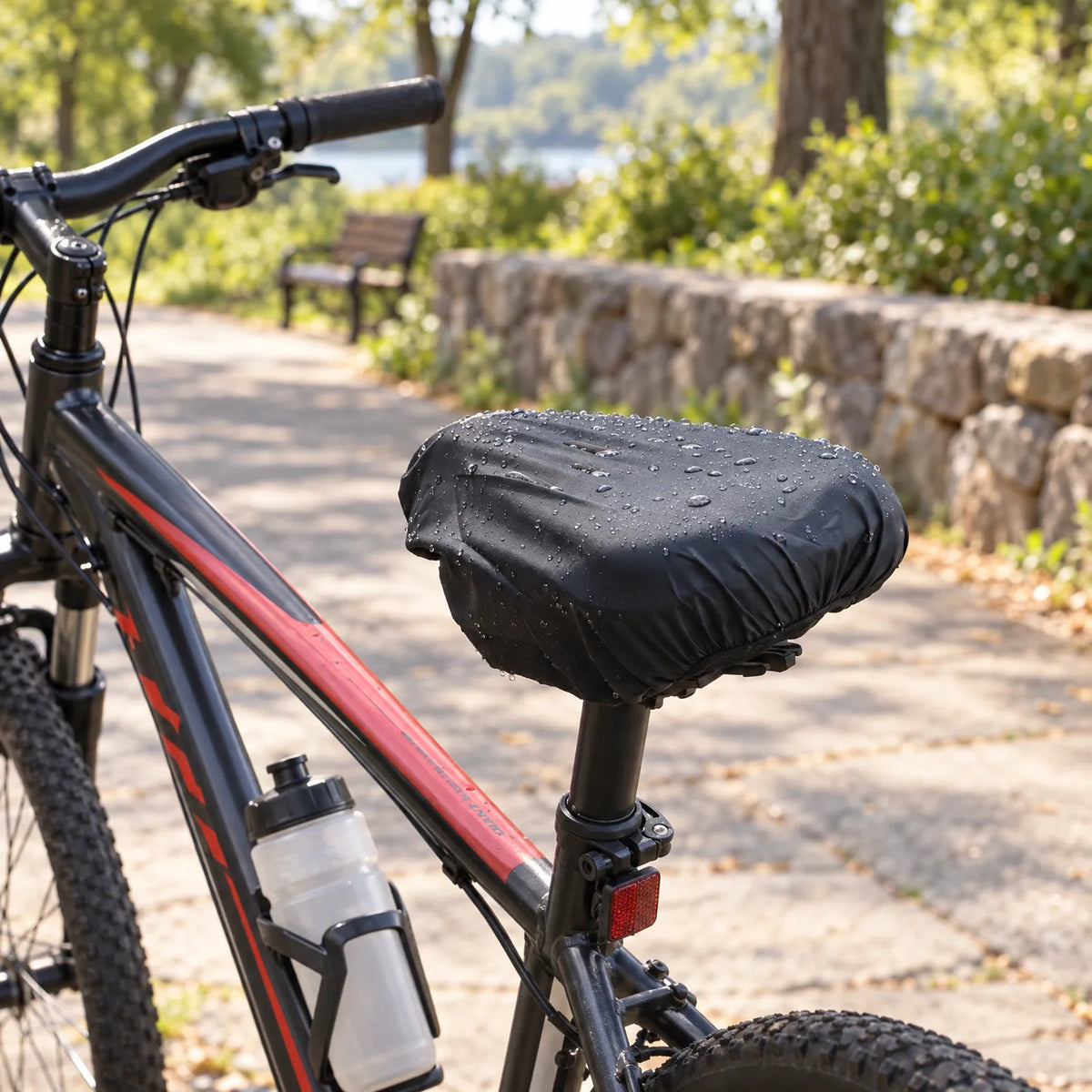 Black cover with water droplets fitted on a mountain bike saddle, with a water bottle and a park path behind. 3